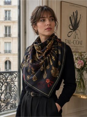 Luxury French Black and Gold Silk-Women's Scarf